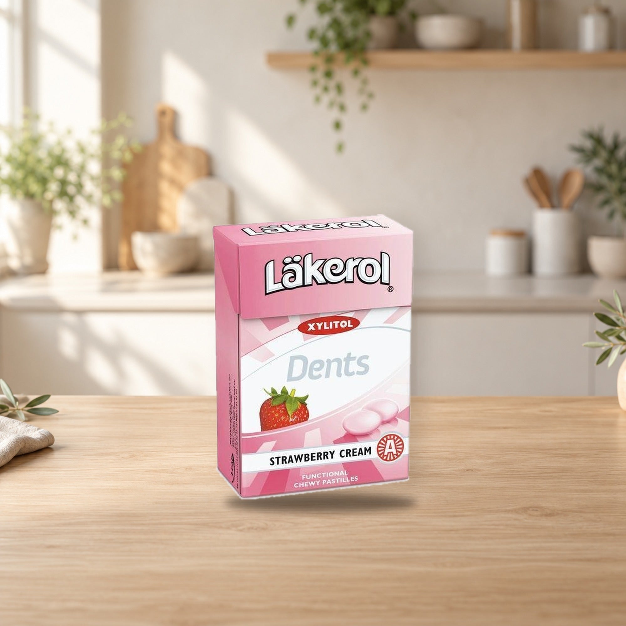 Cloetta Lakerol Strawberry Cream Pastilles 85g Box – product photo on a table