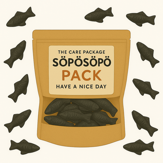 SÖPÖSÖPÖ Scandinavian Treat Pack – Cloetta Malaco Salmiakkikala Salty Licorice Fish Gummies – 150g SÖPÖSÖPÖ Pack