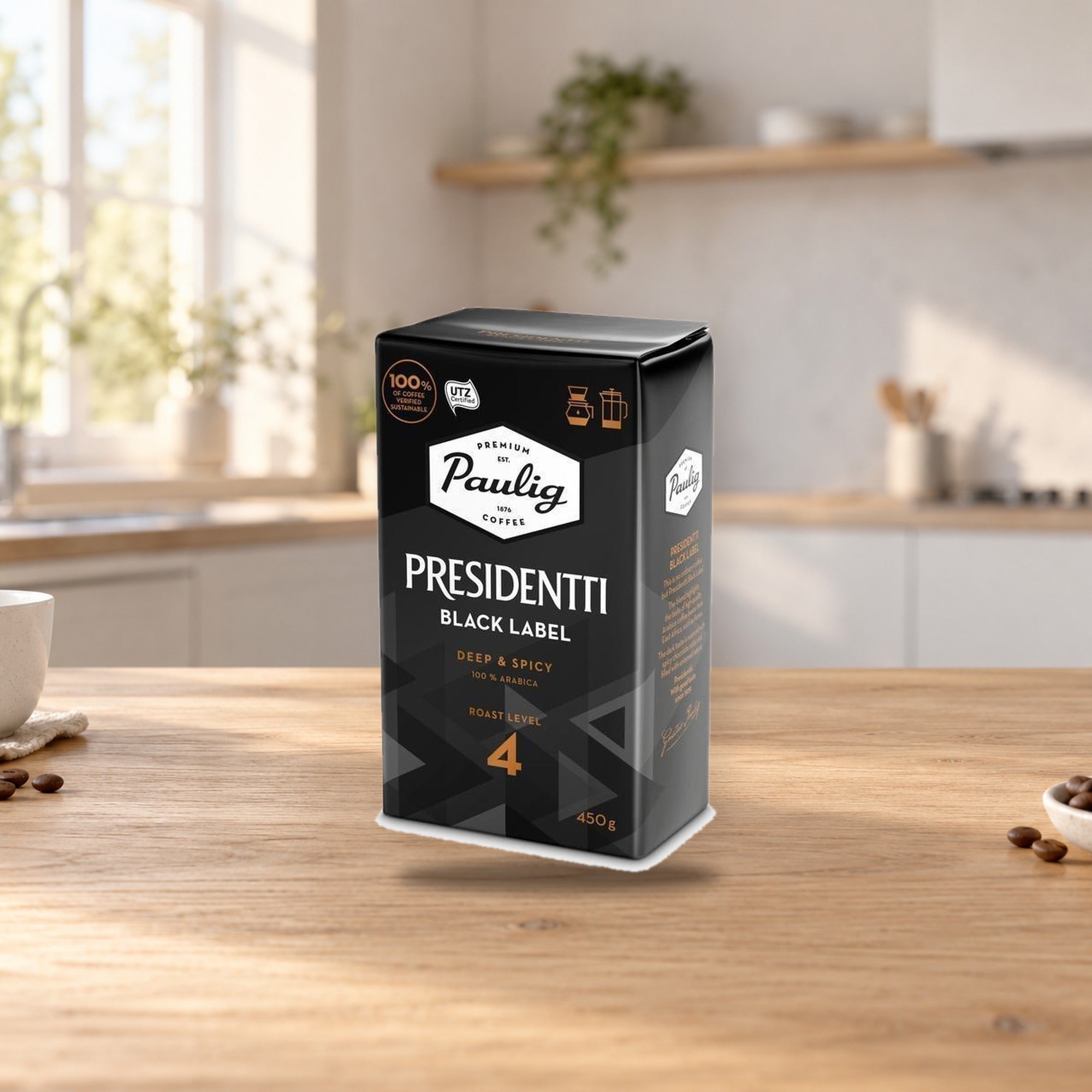 Paulig Presidentti Black Label Coffee 450g – product photo on a table