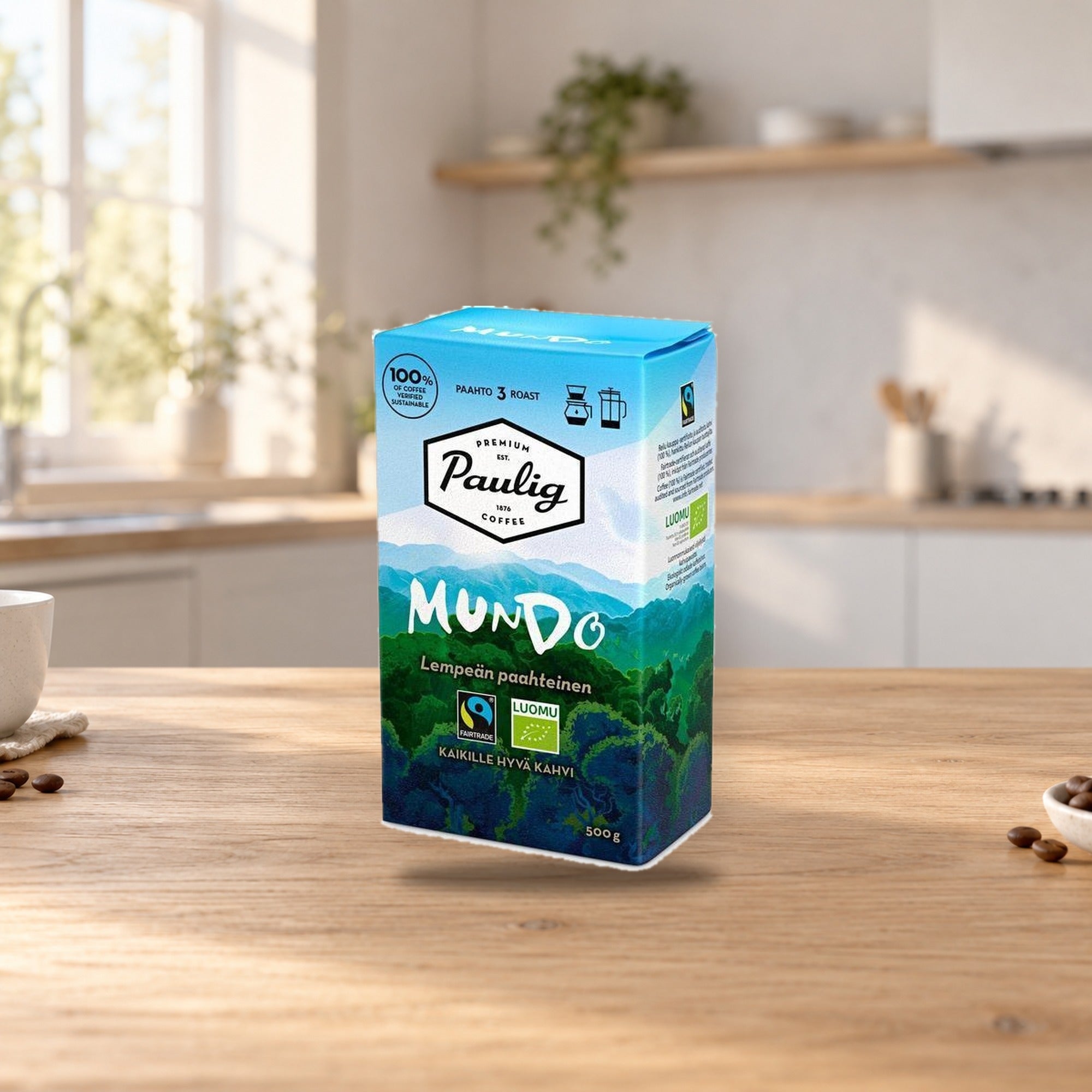 Paulig Mundo Organic Coffee 500g – product photo on a table