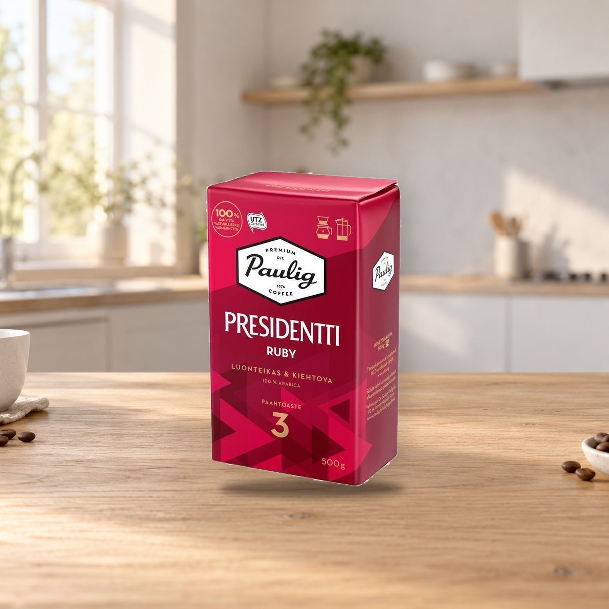 Paulig President Ruby Coffee 500g – product photo on a table