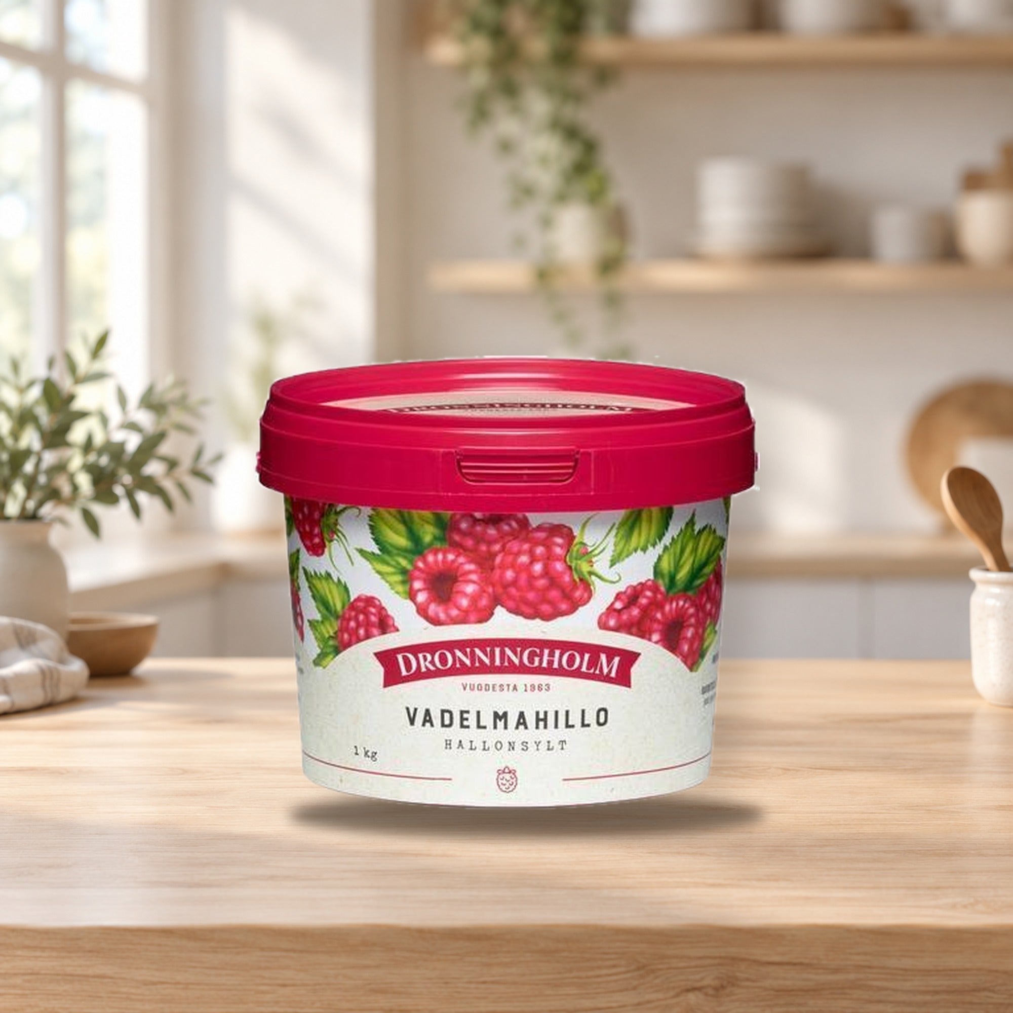 Dronningholm Raspberry Jam 1kg – product photo on a table