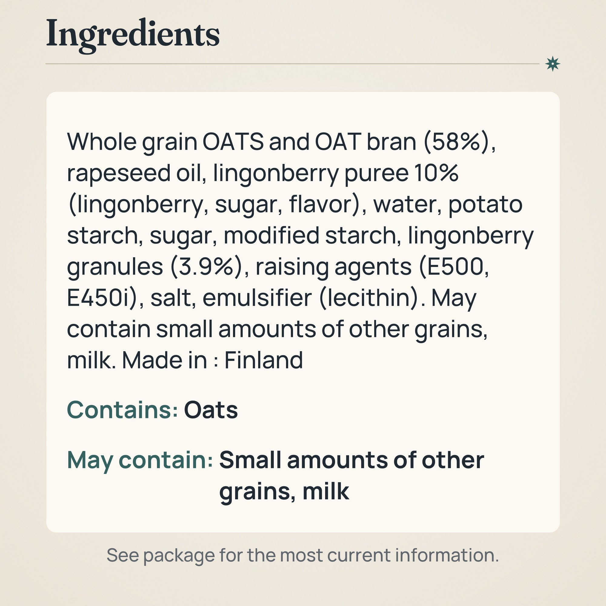 Elovena Oat-Lingonberry Whole Grain Snack Cookies 300g – Ingredients and allergens