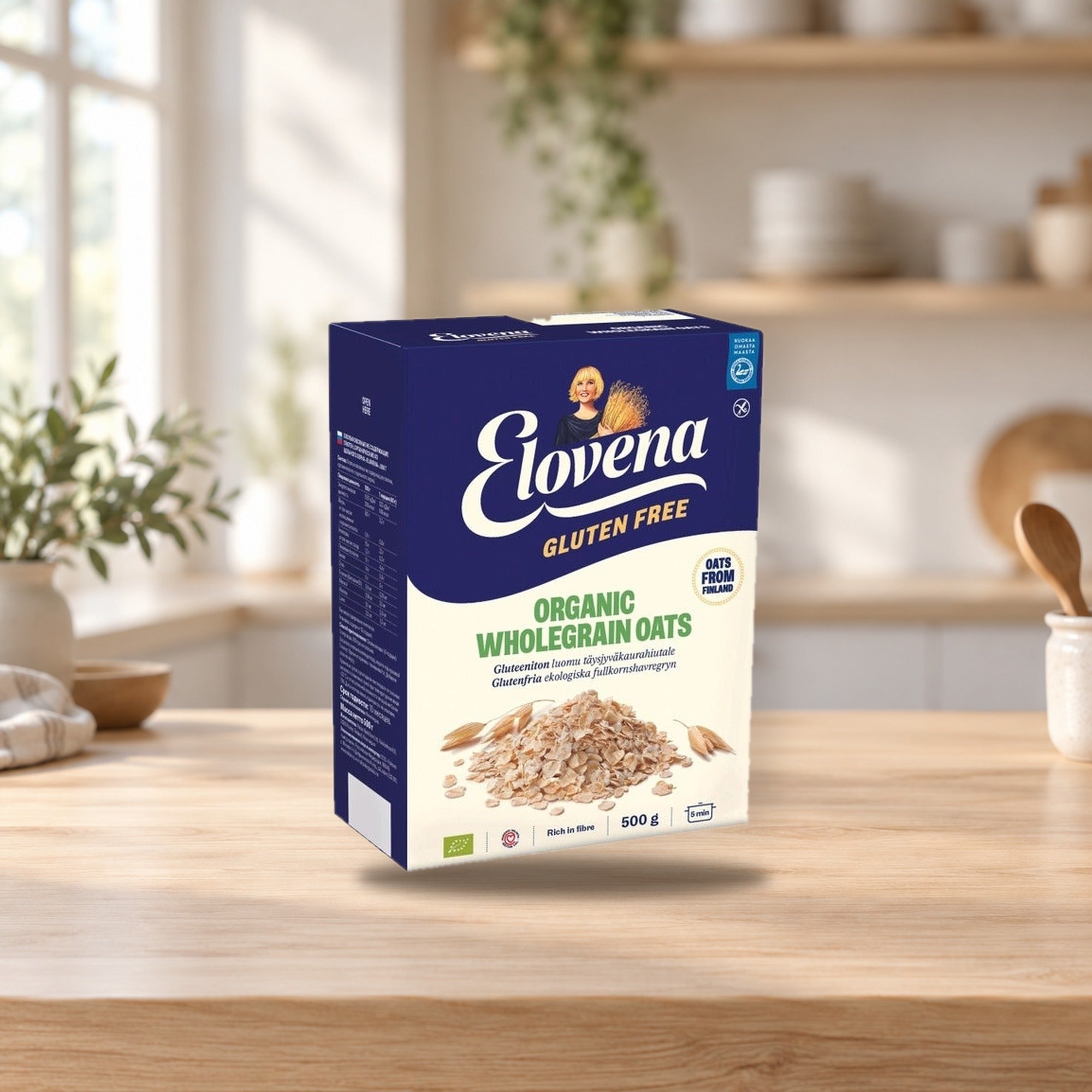 Elovena Gluten-Free Organic Whole Grain Oat Flakes 500g – product photo on a table