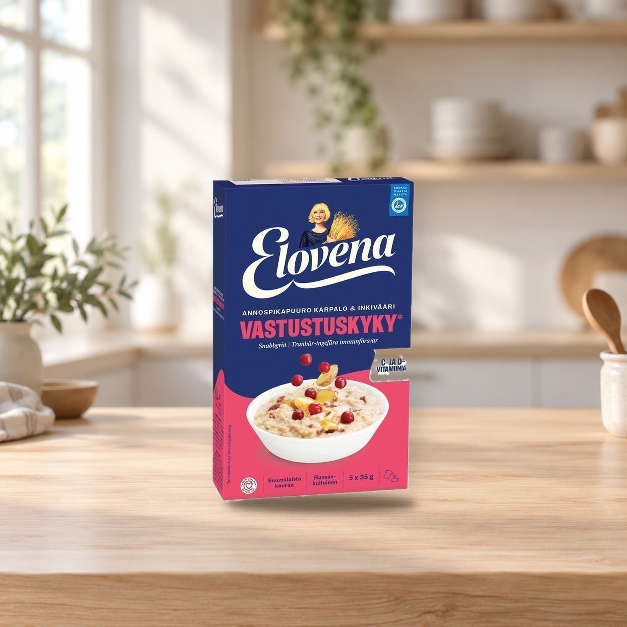Elovena Cranberry-Ginger Instant Porridge 175g (5 x 35g) – product photo on a table