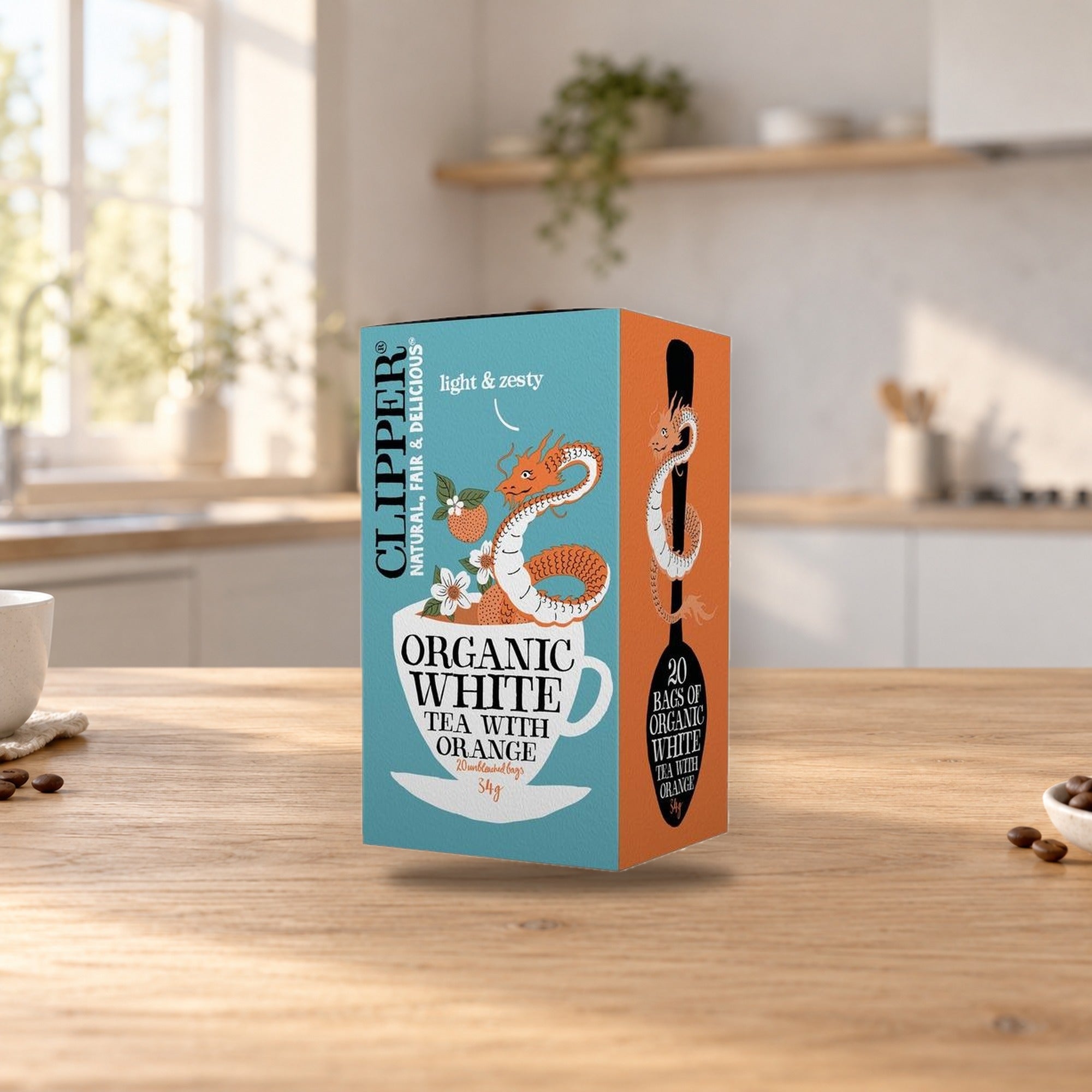 Clipper Organic White Tea with Orange Flavor – product photo on a table