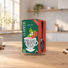 Clipper Organic Fair Trade Strawberry Green Tea Bags 20ct – product photo on a table