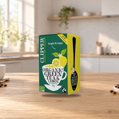 Clipper Organic Green Tea with Lemon – product photo on a table