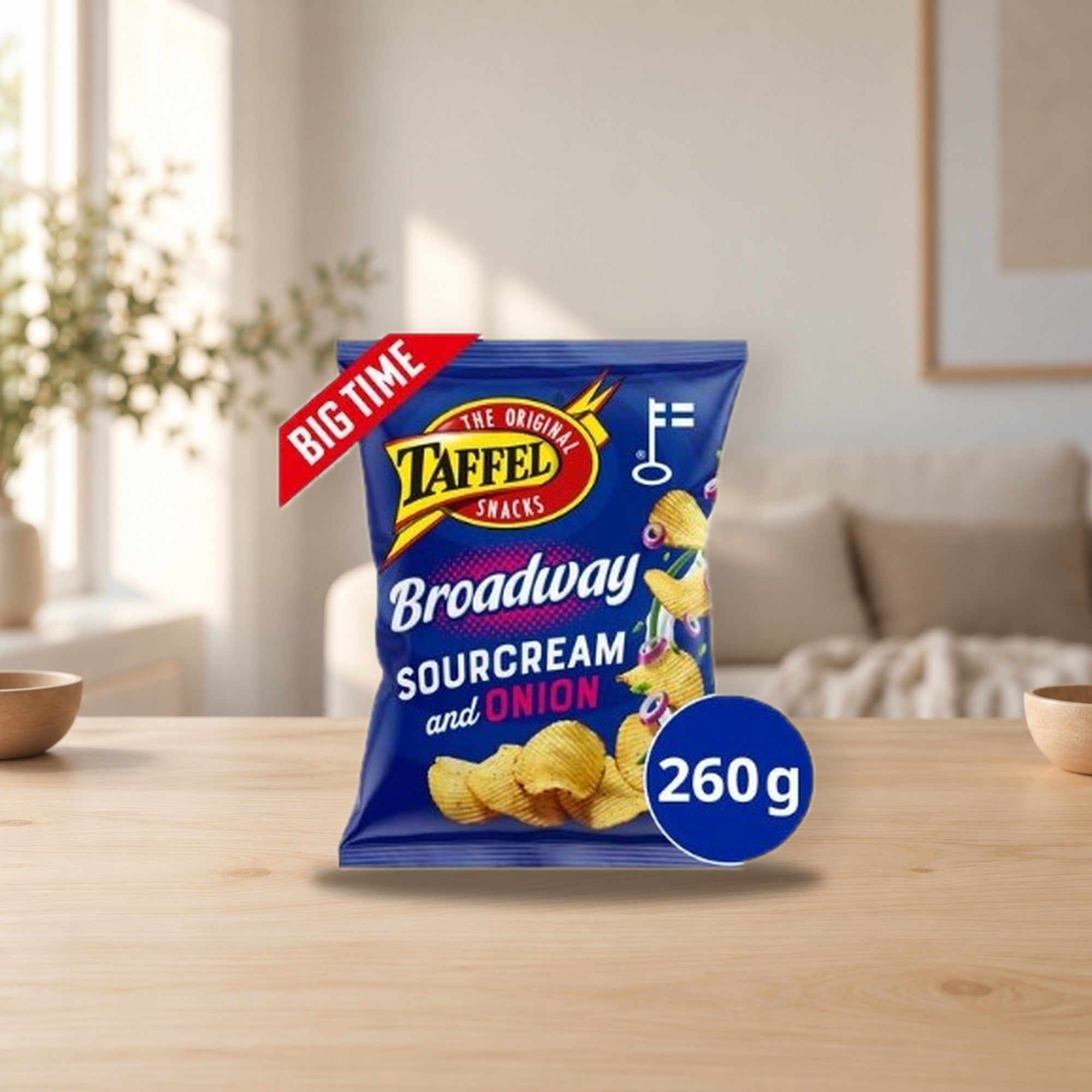 Taffel Broadway Sour Cream & Onion Chips 260g – product photo on a table