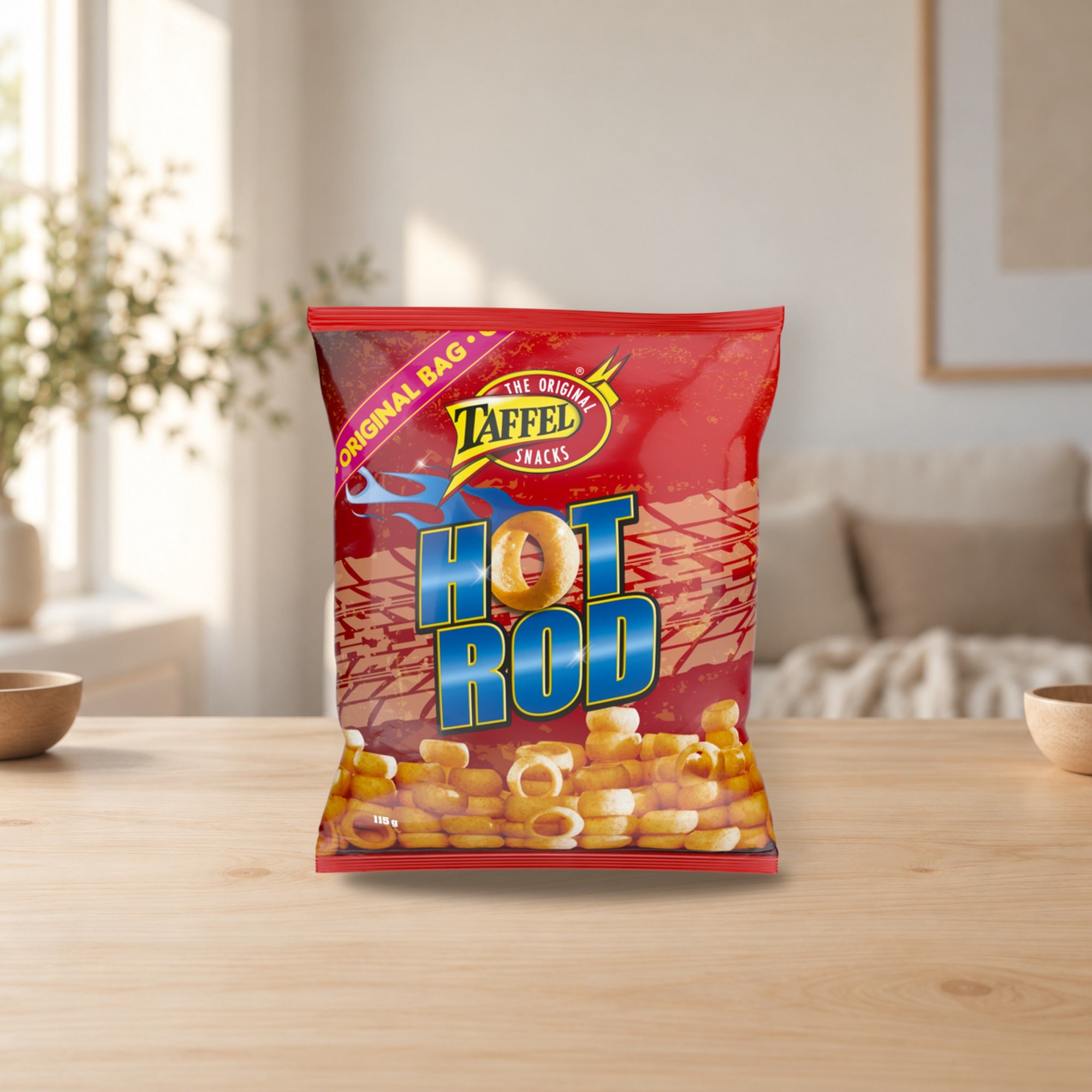 Taffel Hot Rod Chips 110g – product photo on a table