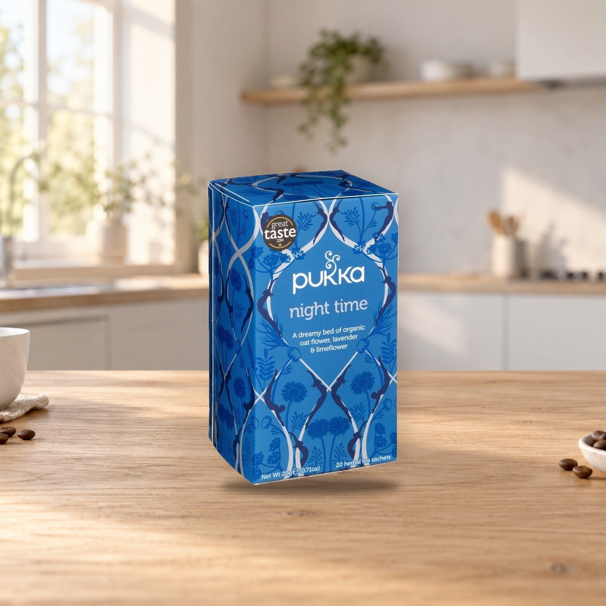 Pukka Night Time Organic Herbal Tea – product photo on a table