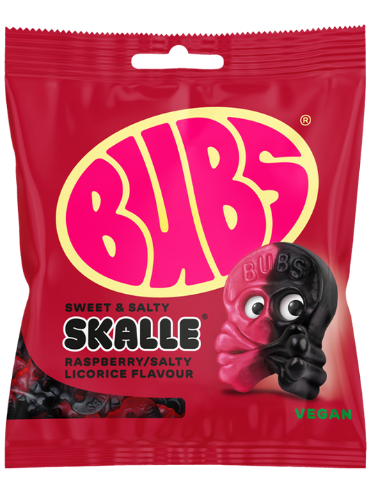 Bubs Sweet & Salty Skalle Raspberry Salty Licorice skull candy 155g bag