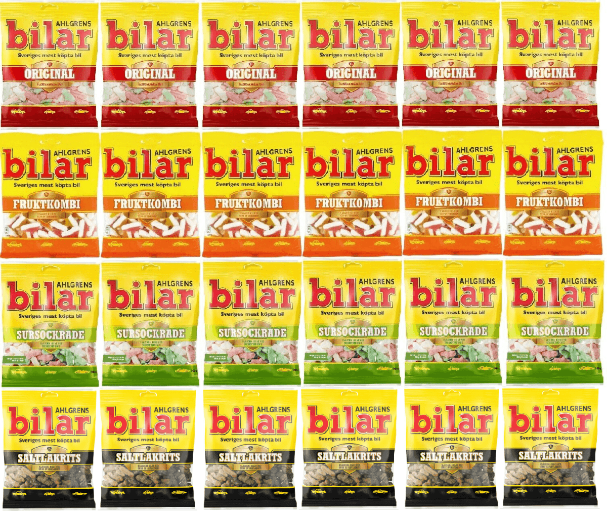 Ahlgrens Bilar - 4 Flavor Set - Soft Chewy Swedish Candy Cars 24 pack -2.7kg - Soposopo