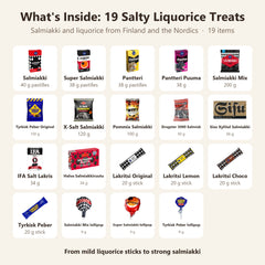 What's inside: Finnish Salmiakki and Licorice set SÖPÖSÖPÖ BOX Variety 19 Pack