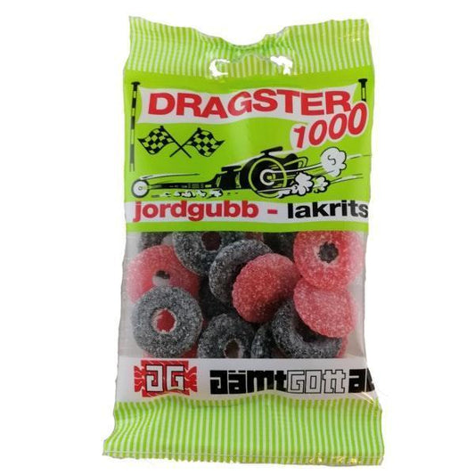 Dragster 1000 Strawberry Licorice 50g Jordgubb - Lakrits - Original - Swedish - Mix - Strawberry & Salty Licorice - Wine Gums - Candies - Sweets - Soposopo