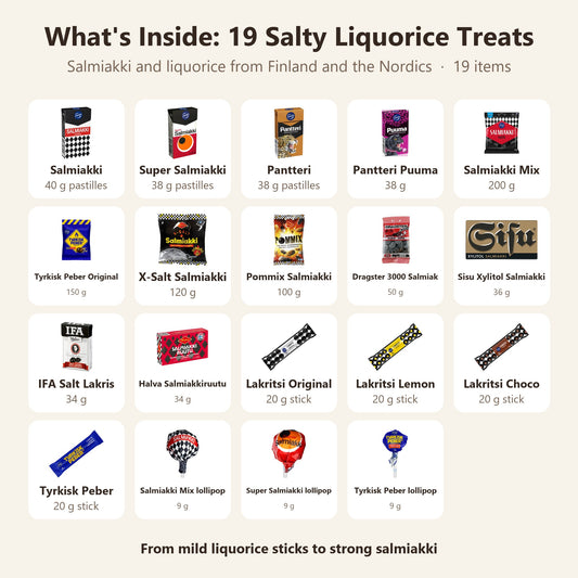What's inside the SÖPÖSÖPÖ BOX: 19 salty liquorice and salmiakki treats