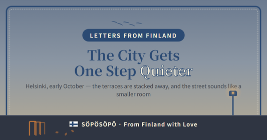 The City Gets One Step Quieter — retro illustration of a quiet Helsinki street at dusk in October, with a street lamp and stacked chairs