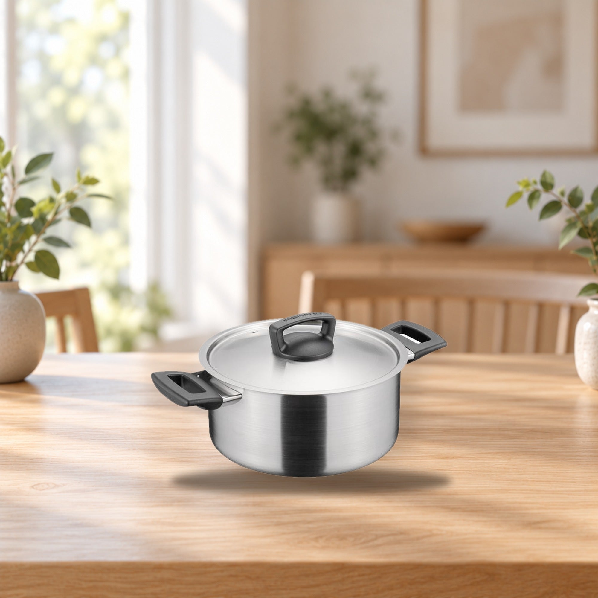 Fiskars Sorsakoski 3L Stainless Steel Saucepan – product photo on a table