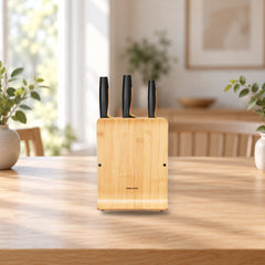 Fiskars Knife Block Bamboo with 3 Stainless Steel Knives – product photo on a table