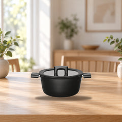 Fiskars Hard Face 22cm Saucepan with Lid – product photo on a table