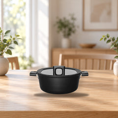 Fiskars Hard Face 5L Saucepan with Lid – product photo on a table