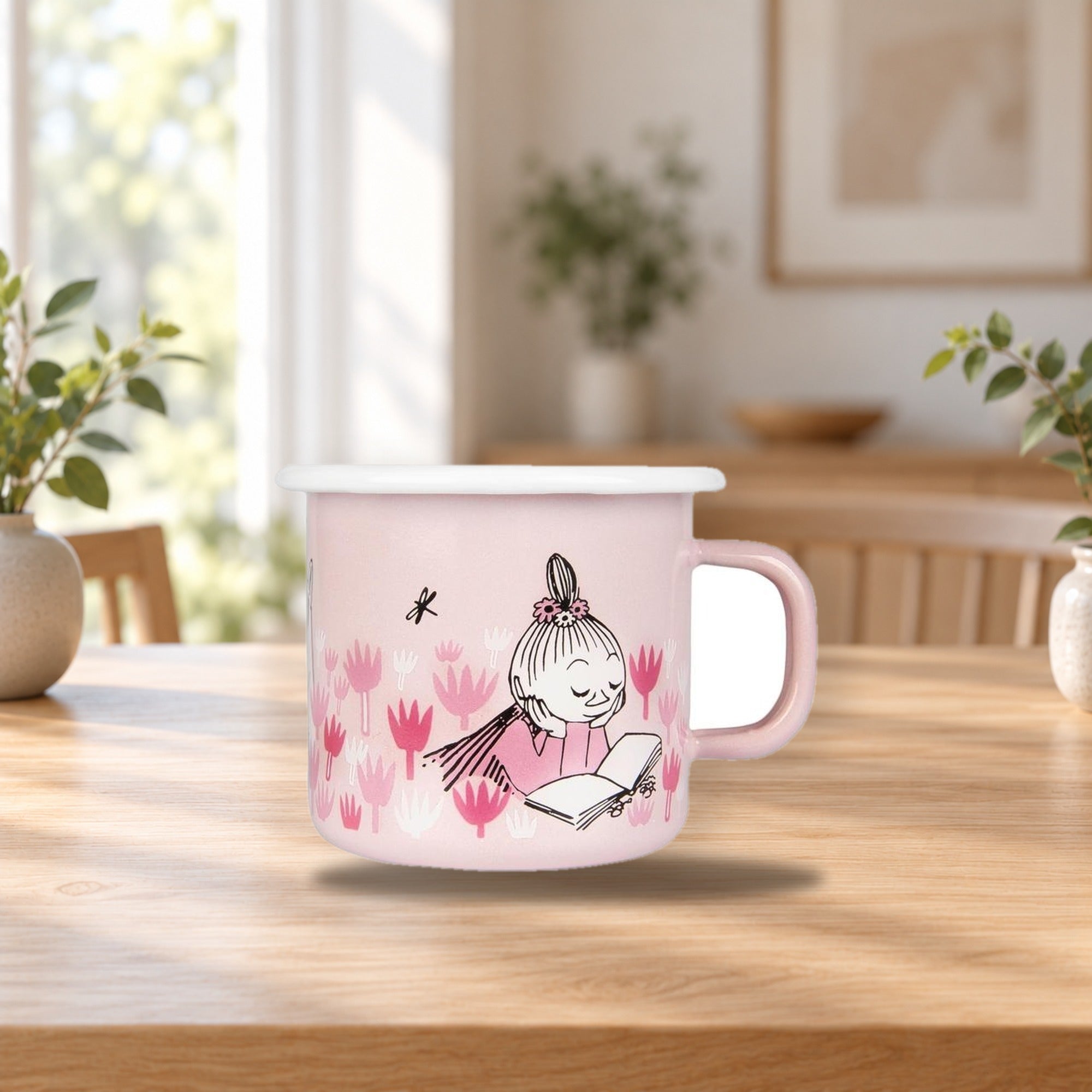 Muurla Moomin Enamel Mug Little My In the Garden 2.5 dl – product photo on a table