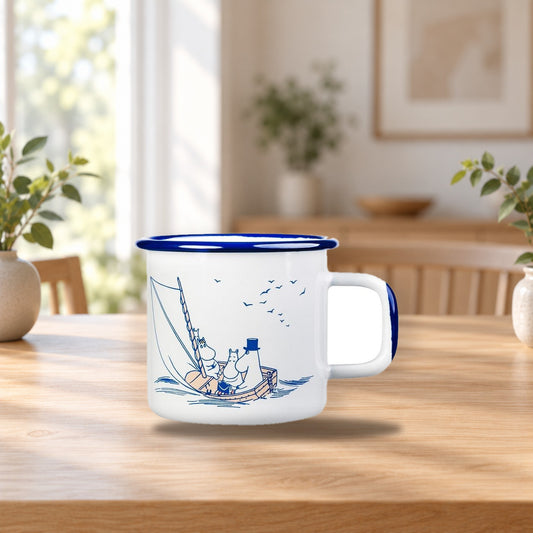 Moomin Sailors Enamel Mug 3.7 dl – product photo on a table