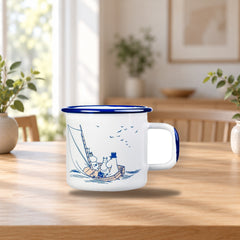 Moomin Sailors Enamel Mug 3.7 dl – product photo on a table