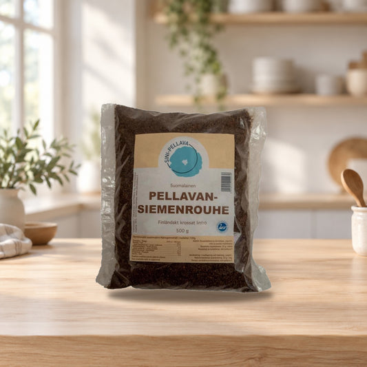 Finnish Ground Flaxseed 500g – product photo on a table