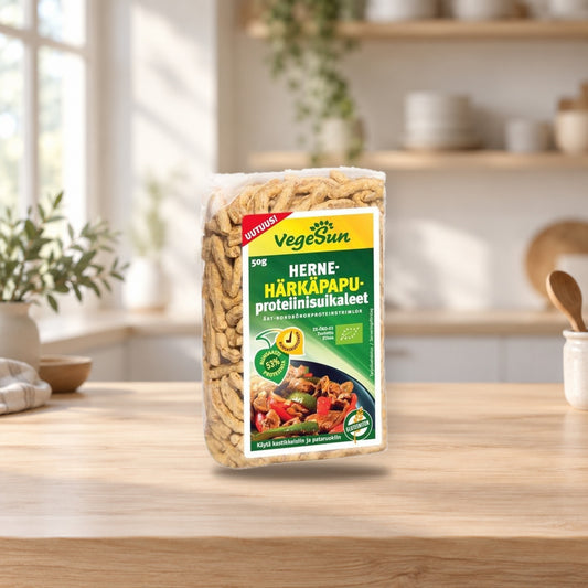 Pea and Fava Bean Protein Strips – product photo on a table