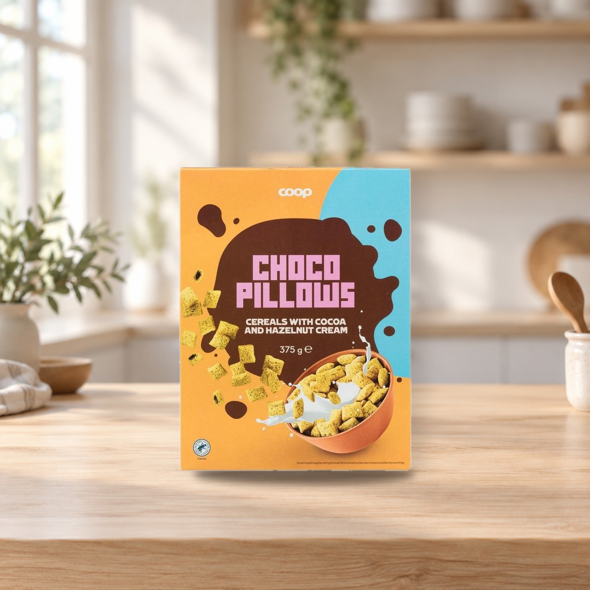 Coop Cocoa Pillows Oat-Wheat Cereal 375g – product photo on a table