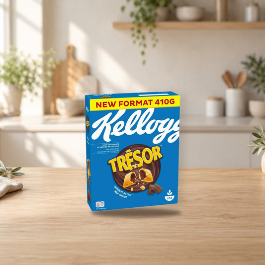 KELLOGG'S Tresor Milk Chocolate Cereal 410g – Filled Cereal Pillows – product photo on a table