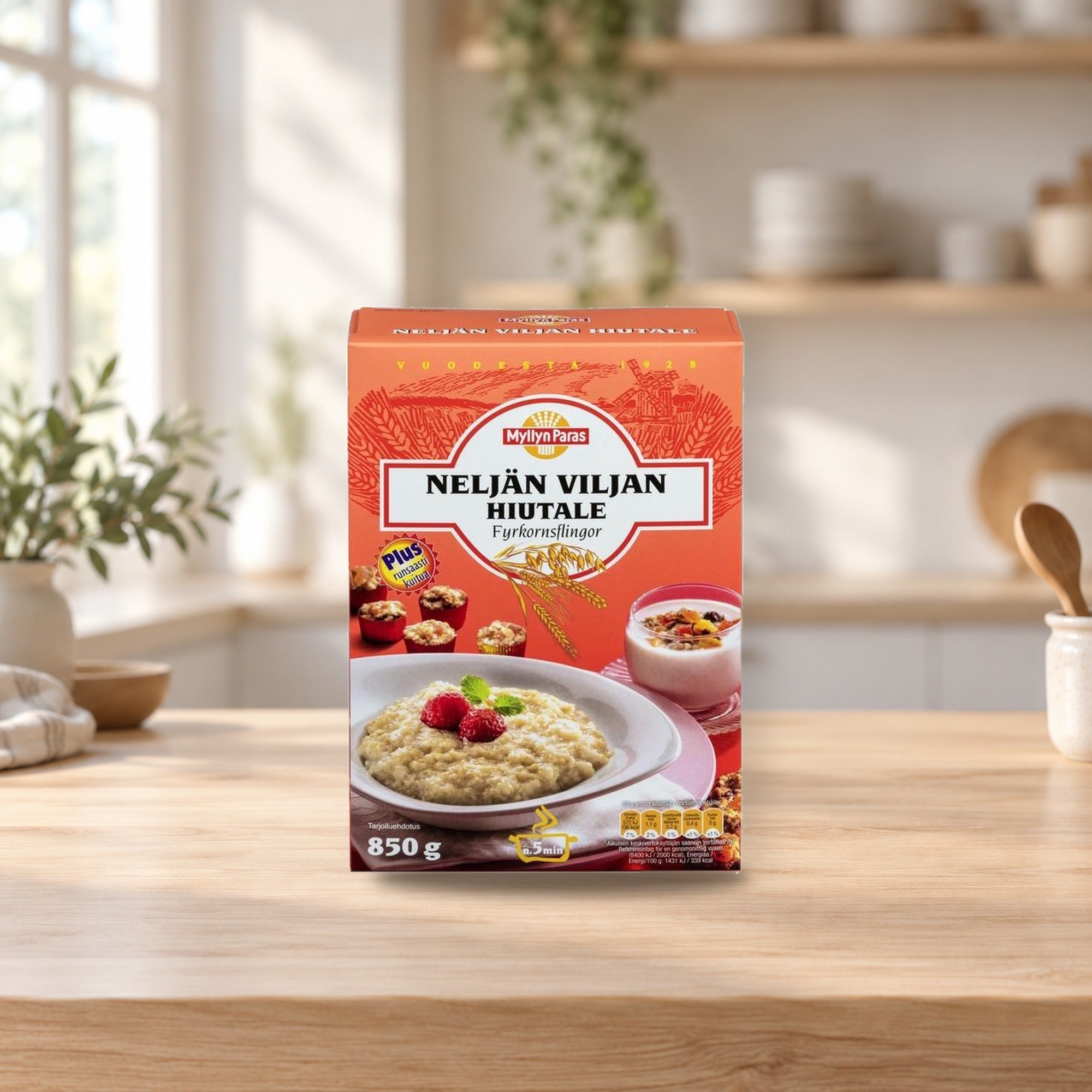 Myllyn Paras Four-Grain Flakes 850g – product photo on a table