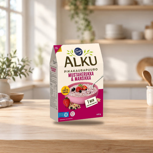 Fazer Alku Blackcurrant Strawberry Oat Porridge 400g – product photo on a table
