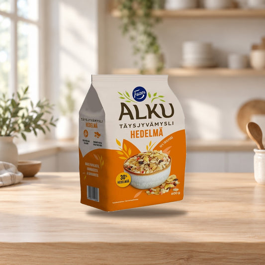 Fazer Alku Fruit Whole-Grain Muesli 600g – product photo on a table