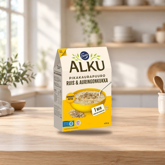 Fazer Alku Rye & Sunflower Quick Oat Porridge 400g – product photo on a table