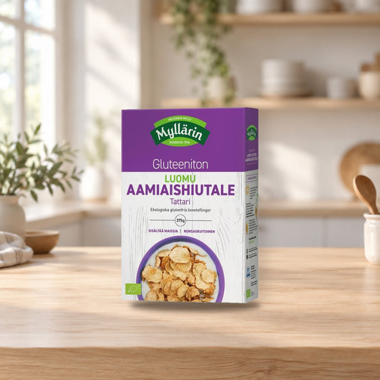 Myllärin Gluten-Free Organic Buckwheat Flakes 375g – product photo on a table
