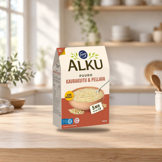 Fazer Alku Oat Fiber & Flaxseed Porridge 500g – product photo on a table