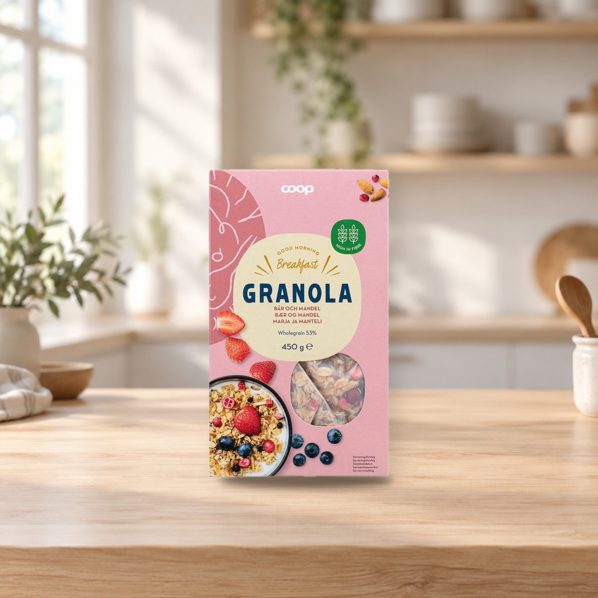 Coop Granola Berry and Almond 450g – product photo on a table