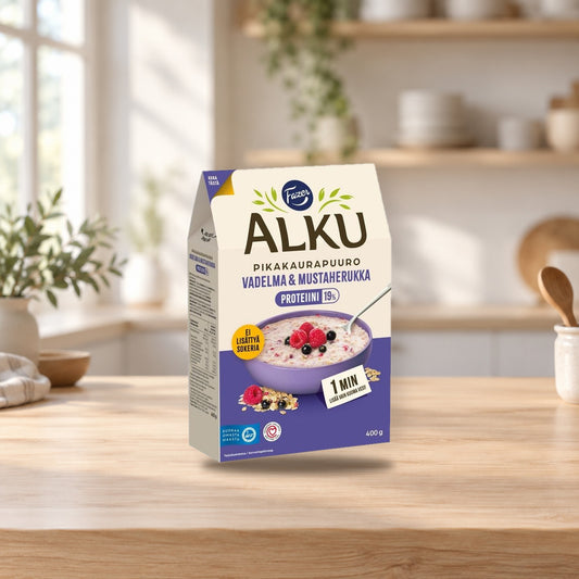 Fazer Alku Raspberry & Blackcurrant Protein Oat Porridge 400g – product photo on a table