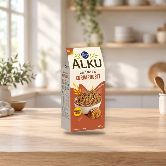 Fazer Alku Cinnamon Bun Granola 375g – product photo on a table