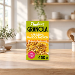 Paulúns Orange Mango Passion Fruit Granola 450g – product photo on a table