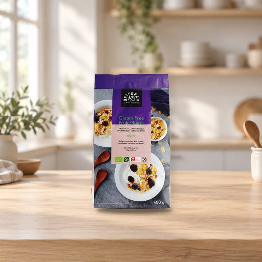 Urtekram Organic Gluten-Free Fruit Muesli 400g – product photo on a table