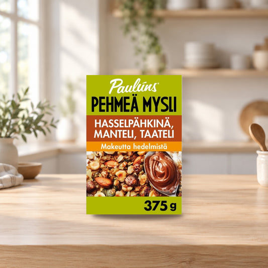Paulúns Hazelnut Almond Date Soft Muesli 375g – product photo on a table