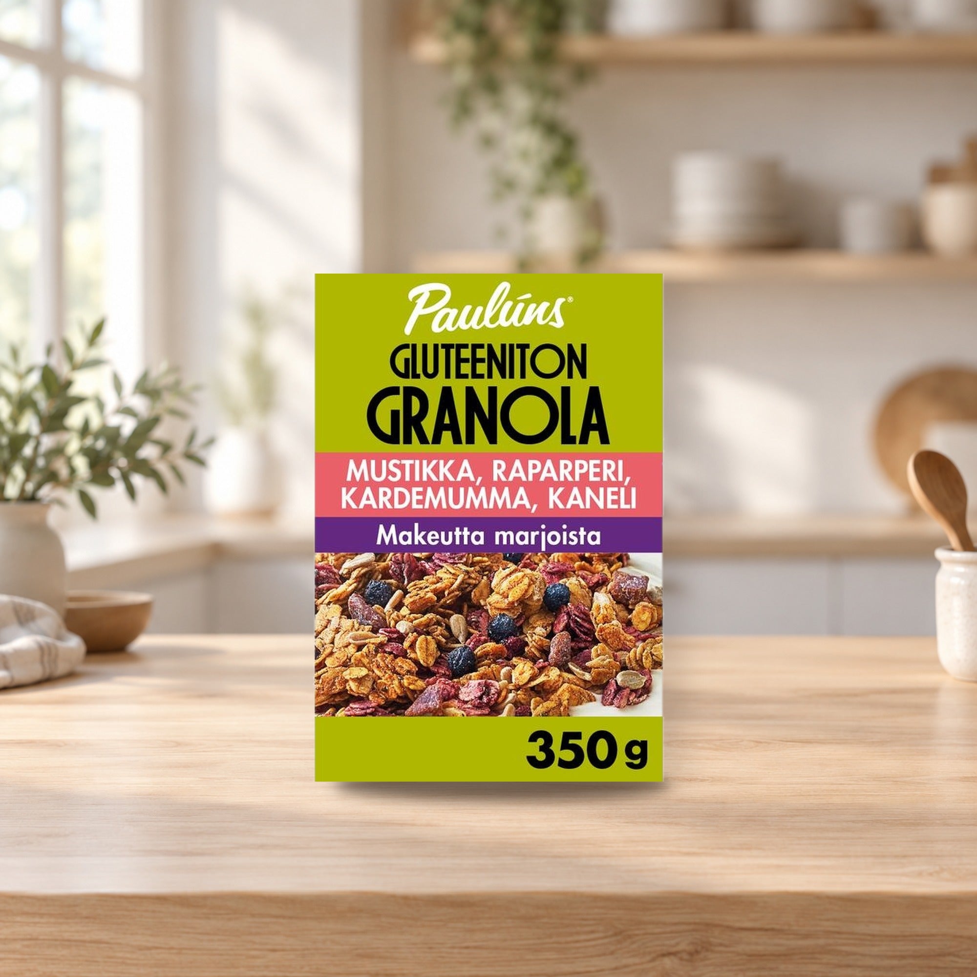 Gluten-Free Blueberry Rhubarb Granola Muesli 350g – product photo on a table