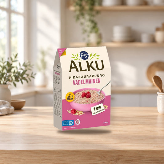 Fazer Alku Raspberry Oat Porridge 400g – product photo on a table