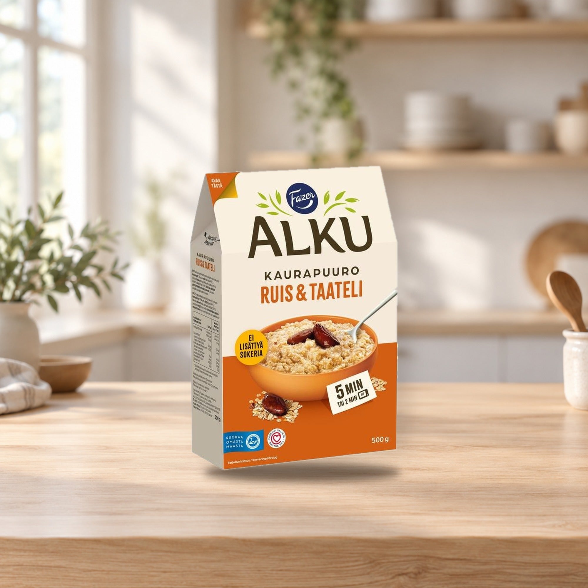 Fazer Alku Rye & Date Oat Porridge 500g – product photo on a table