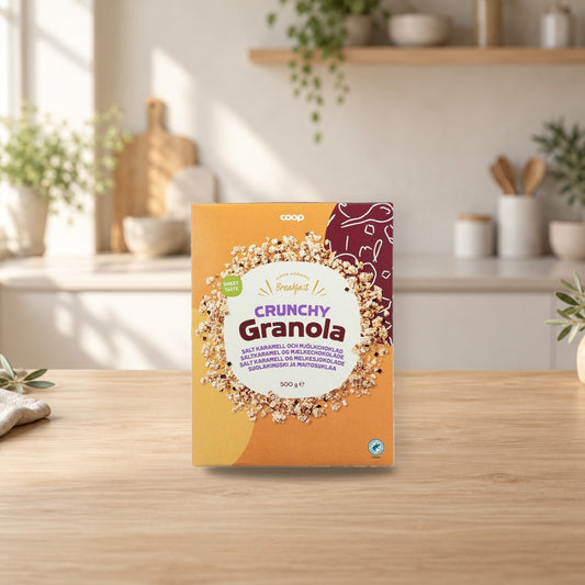 Coop Crunchy Granola Suolakinuski & Milk Chocolate 500g – product photo on a table