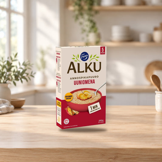 Fazer Alku Apple Cinnamon Instant Porridge 200 g – product photo on a table