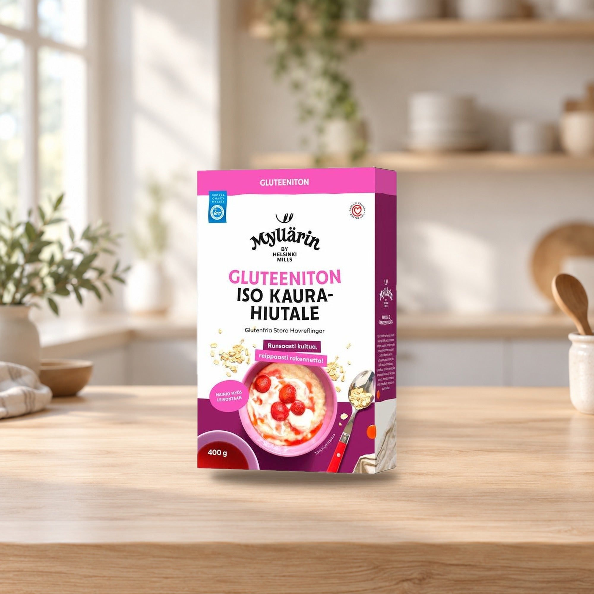 Myllärin Gluten-Free Large Oat Flakes 400g – product photo on a table